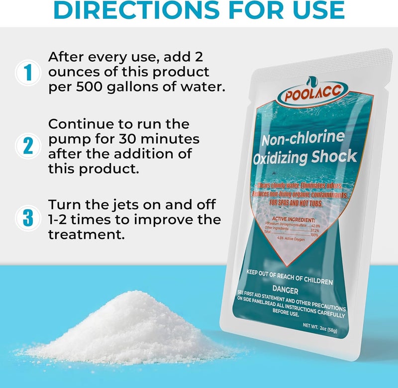 POOLACC Non-Chlorine Spa Shock Oxidizer for Hot Tub, Chlorine-Free Treatment & Enhanced Oxidizing Shock for Hot Tubs & Spas, Single Dose Packets for Easy Hot Tub Maintenance & Treatment - 12 Packs (1.5lbs) - Image 4